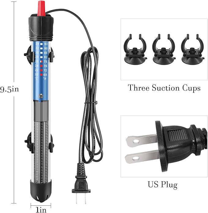 Hitop 25W/50W/100W/300W Adjustable Aquarium Heater, Submersible Glass Water Heater for 5 – 70 Gallon Fish Tank (100W)