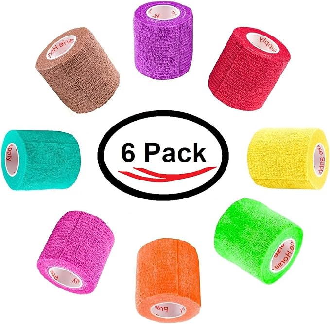 2 Inch Vet Wrap Tape Bulk (Assorted Colors) (Pack of 6) Self Adhesive Adherent Adhering Flex Bandage Grip Roll for Dog Cat Pet Horse