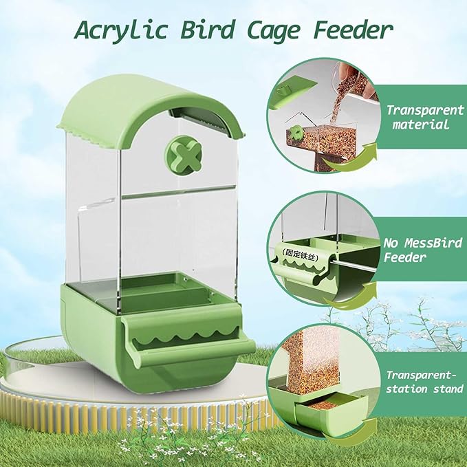 No Mess Bird Cage Feeder Automatic Parakeets Seed Food Container Acrylic Parrot Feeder Cage Accessories Transparent Small and Medium Lovebirds Canary Cockatiel Finch (Green)