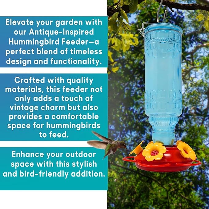 Superior Effect Hummingbird Feeder for Outdoors Patio Wild Bird Feeder with 5 Feeding Ports for Birds Antique Glass Feeder Garden Backyard Decorative, Blue Color Easy Setup Bird Feeder