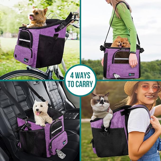 PetAmi Dog Bike Basket, Soft-sided Ventilated Dog Bike Carrier Backpack, Dog Pet Bicycle Basket for Bike Handlebar, Small Medium Puppy Cat Kitten Car Booster Seat with Safety Strap (Purple)