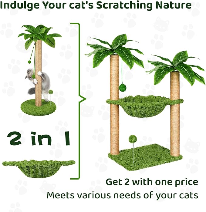 Cat Tree with Hammock and Premium Sisal Scratching Post,Activity Dangling Ball and Spring Ball for Indoor Kittens/Cats