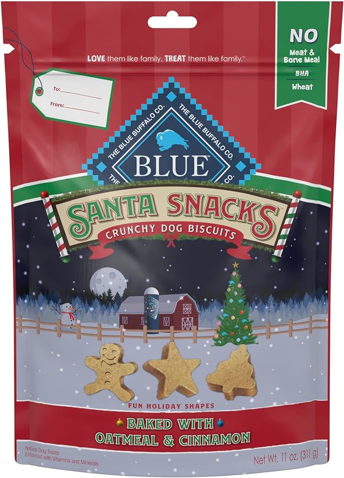 Blue Buffalo Santa Snacks Natural Crunchy Dog Treat Biscuits, Oatmeal & Cinnamon Treats 11-oz