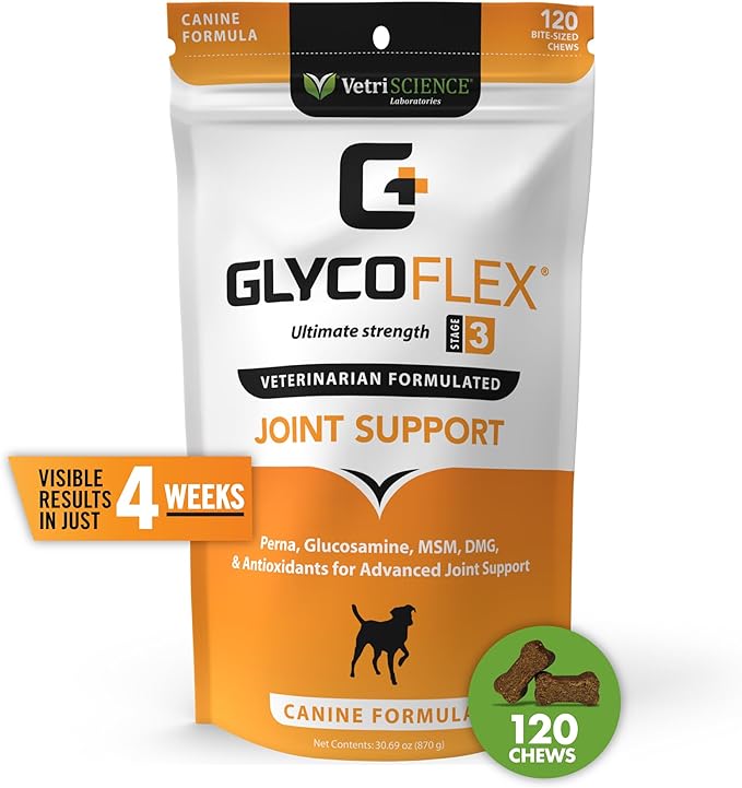 VetriScience Glycoflex 3 Clinically Proven Hip and Joint Supplement for Dogs - Maximum Strength Dog Supplement with Glucosamine, MSM, Green Lipped Mussel & DMG - 120 Chews, Chicken Flavor