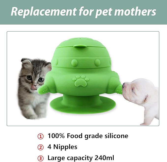 Puppy bottles for nursing,Puppy milk feeders for multiple puppies nipple,Puppy Feeder Milk Bowl,4 Nipples Silicone Puppy Nursing Station,Feeder Bowl for Kittens, Puppies,Capacity 240ml（Green）