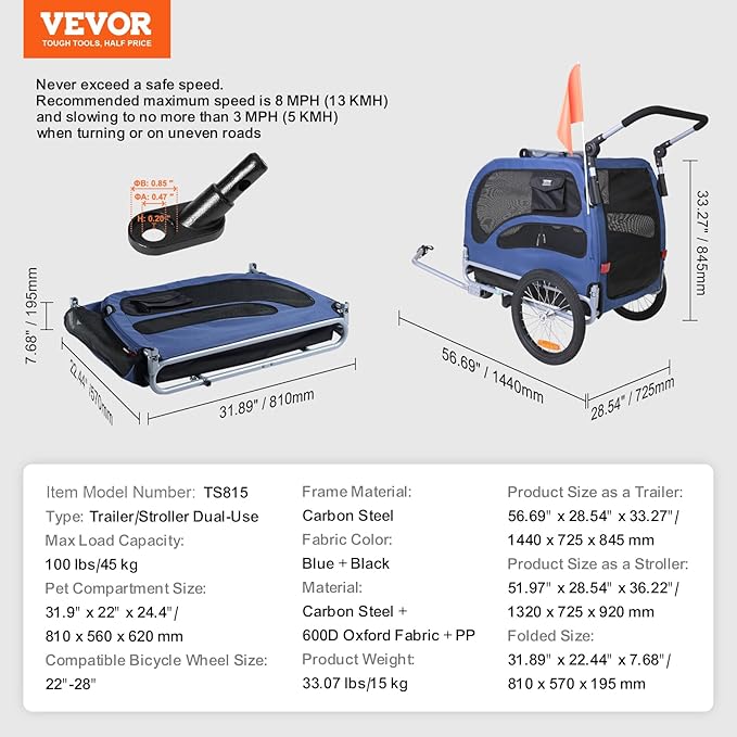 VEVOR Dog Bike Trailer, Supports up to 66/88/100 lbs, 2-in-1 Pet Stroller Cart Bicycle Carrier, Easy Folding Cart Frame with Quick Release Wheels, Universal Bicycle Coupler, Reflectors, Flag