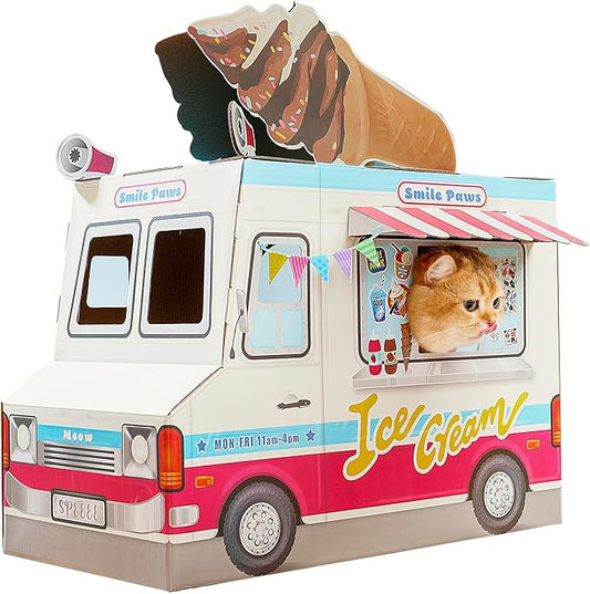 Cat Beds for Indoor Cats, Cardboard Cat House with Scratchers, Ice Cream Truck, Large Sturdy Cat Furniture Condo Cave Tent, Easy to Assemble Pet Toys Accessories Stuffs, Bunny Small Animals