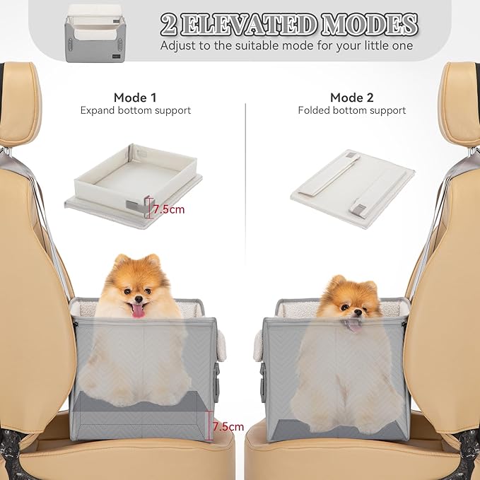 PETSFIT Dog Booster Seat, Portable Dog Car Seats for Small Dogs with Clip-On Leash, Patent Safe Buckles, Dog Booster Car Seat Suitable for Small Pets Up to 25lbs (Light Grey)