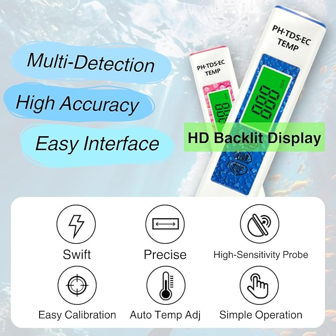 4-in-1 Water Quality Tester - Advanced TDS, PH, Temp, EC Meter - High-Precision Chip & Algorithm for Fast & Accurate Measurements - Ideal for Drinking, Tap, Well, Pool, Aquarium, RO/DI, Hydroponics