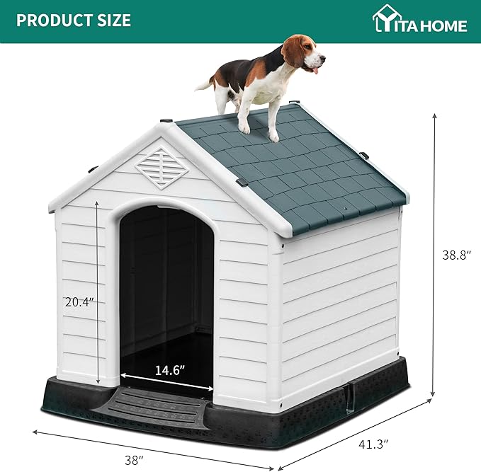 YITAHOME 41'' Large Plastic Dog House Outdoor Indoor Doghouse Puppy Shelter Water Resistant Easy Assembly Sturdy Dog Kennel with Air Vents and Elevated Floor (41''L*38''W*39''H, Gray)