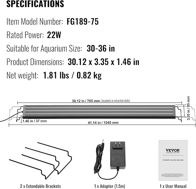 VEVOR Aquarium Light, 22W Full Spectrum Fish Tank Light with 5 Levels Adjustable Brightness, Adjustable Timer and Power-Off Memory, with ABS Shell Extendable Brackets for 30"-36" Freshwater Fish Tank