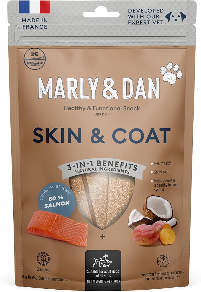 Marly & Dan Baked Salmon Jerky Snack Bar for Dogs with Sweet Potato and Coconut - Tasty Treats Dogs Love, Naturally Healthy & Functional Skin & Coat Recipe, Rich in Omega 3/6, 6 oz