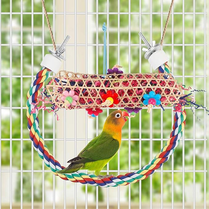 Bird Toys Bird Shredding Foraging Toys Parakeet Toy Chewing Hanging Toy Bird Shredded Paper Bird Cage Accessories Bird Rope Perch for Conure Cockatiel Budgies Lovebird Parrotlet (with Rope Perch)