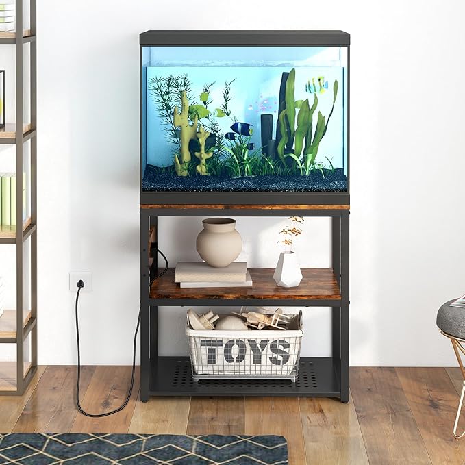 20-29 Gallon Fish Tank Stand With Power Outlets, 3-Tier Metal Aquarium Stand, Breeder Reptile Tank Stand with Shelf for Home Office, 500LBS Capacity, 29.5 x 15.8 x 30.1 inches