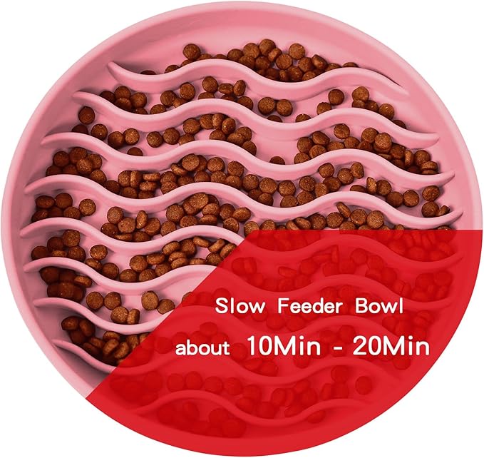 Slow Feeder Dog Bowls, Silicone Food Bowl Anti-Gulping, Pets Puppy Slow Feeder with Suction Cups, Dishwasher Microwave Safe for All Small Medium Dogs, Wave Design Pink