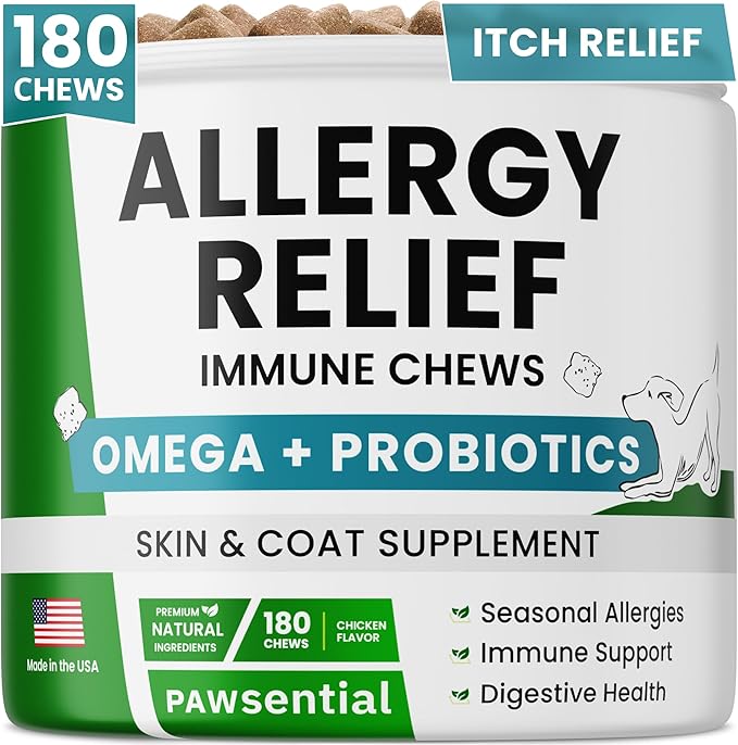 Allergy Relief Dog Chews - Itchy Skin Relief w/Probiotics + Omega 3 + Colostrum - Seasonal Allergies - Anti-Itch Treats - Skin&Coat + Immune Supplement - Made in USA - Chicken Flavor -180Ct