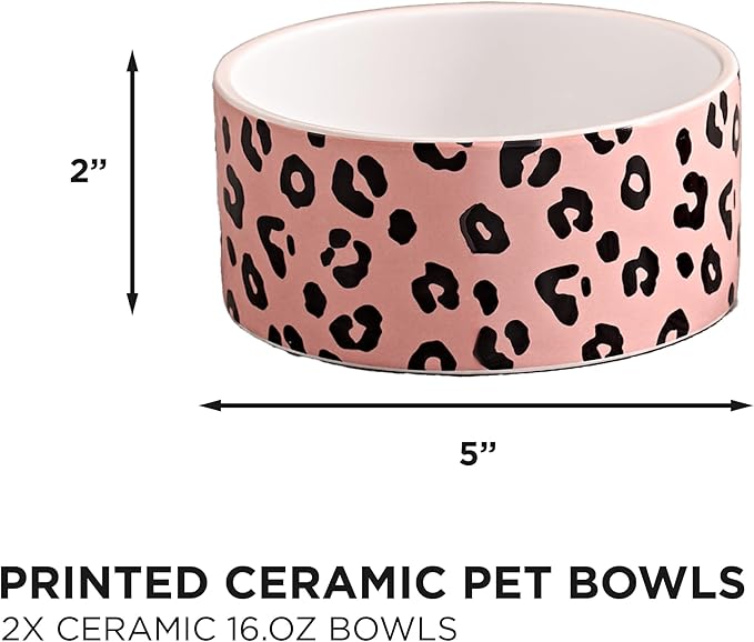 Juicy Couture Give Me Treats Pet Bowl Set - Pink Leopard 16 oz - Ceramic Set of 2 Bowls