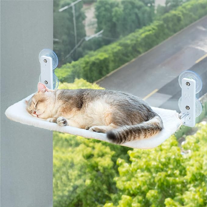 Cat Window Perch Foldable Cat Window Hammock with Steel Frame and Strong Suction Cup Mount Cat Bed Cat Hammock Window Seat for Indoor Cats White