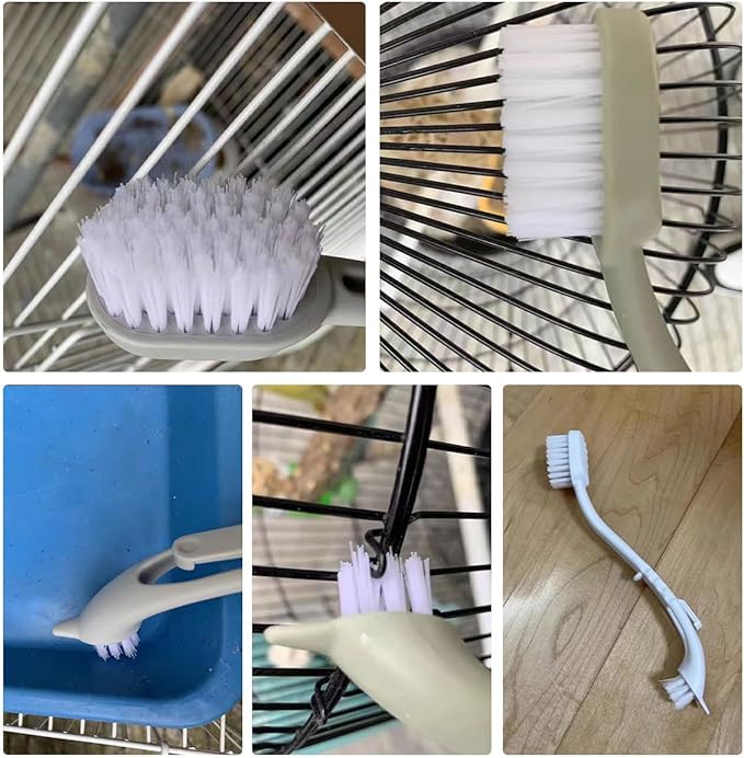Bird Cage Cleaner with Two Brush Heads Long Handle Tool for Cleaning Bird Parrot Cages Kennels Perches