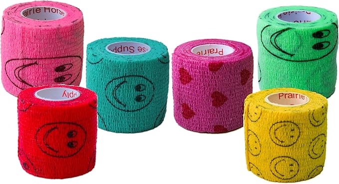 2 Inch Vet Wrap Tape Bulk (Smile Pattern in Yellow, Red, Teal, Neon Green, Neon Pink and Pink with Red Heart Pattern) (Pack of 24) Self Adhesive Adherent Adhering Flex Bandage Grip Roll Dog Cat