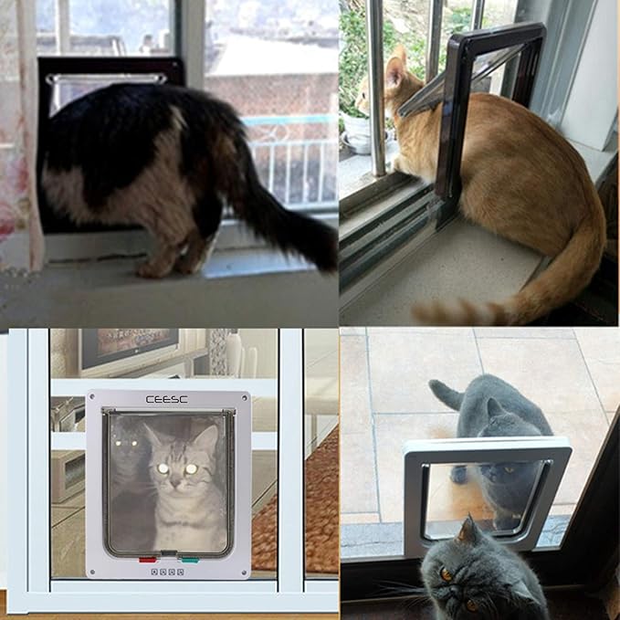 CEESC Large Cat Door (Outer Size 11" x 9.8"), 4 Way Locking Cat Door for Windows & Sliding Glass Door, Weatherproof Cat Flap Door for Cats & Doggie with Circumference < 24.8"