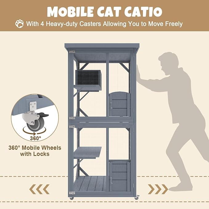 Catio Outdoor Cat House, Wooden Large Enclosure with Run on Wheels, 64" Outdoor/Indoor Cat Catio for Multiple Cats with Waterproof Roof, Platforms, Resting Box, Cat Scratching Post