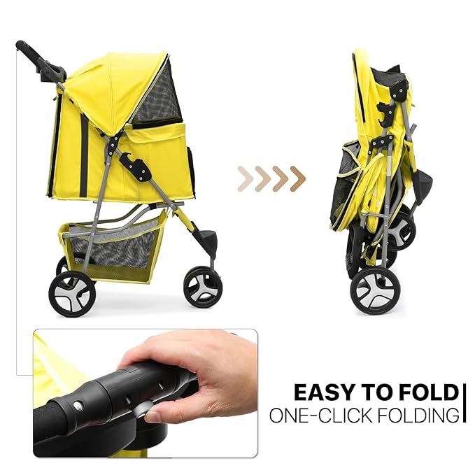 MoNiBloom Foldable Pet Stroller with Waterproof Cover, 3-Wheels Dog Strolling Cart for Small/Medium Dogs and Cats with Storage Basket and Cup Holder, Breathable and Visible Mesh for All-Season, Yellow