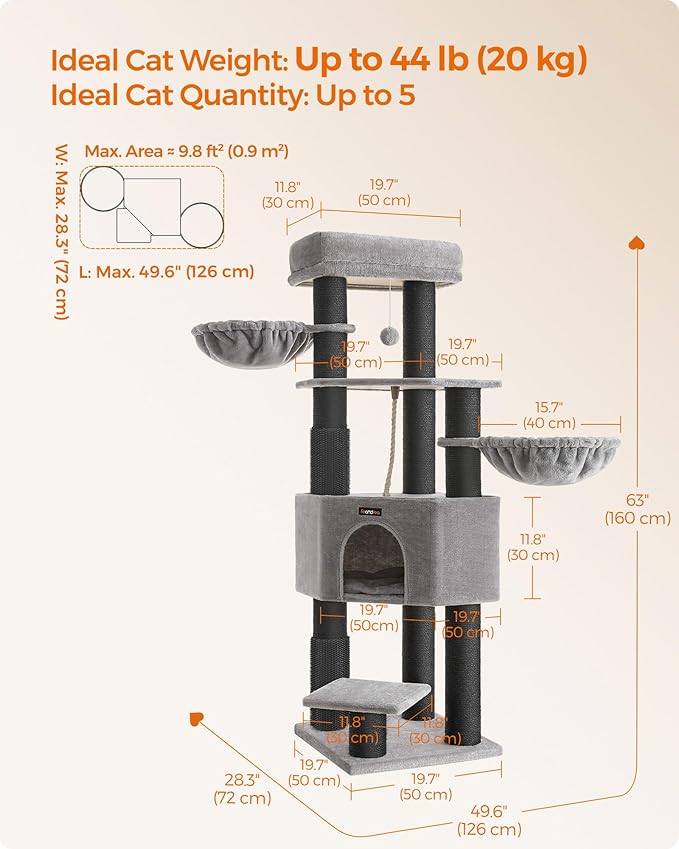 Feandrea Cat Tree for Large Cats, 63-Inch Heavy-Duty Cat Tower with Self-Warming Pads, 2 Self-Groomers, 9 Scratching Posts, Large Perch, Cave, and Baskets, Dove Gray and Black UPCT003W01