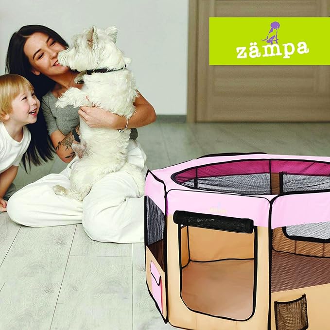 Zampa Dog Playpen Large 61"x61"x30" Pop Up Portable Playpen for Dogs and Cat, Foldable | Indoor/Outdoor Pen & Travel Pet Carrier + Carrying Case.