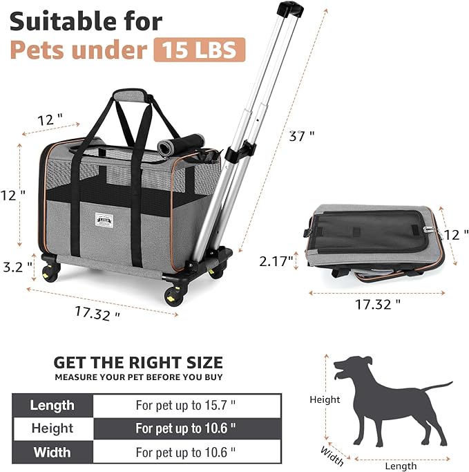 Lekereise Cat Carrier with Wheels for Small Pet, Airline Approved Dog Carrier with Wheels, Rolling Dog Cat Carrier, Grey