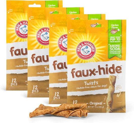 Arm & Hammer for Pets Faux-Hide Dog Dental Treat Twists, 12 pcs - 4 Pack | Rawhide Free Dog Dental Chews in Chicken Flavor Baking Soda Formula Dog Dental Treats for Fresh Breath