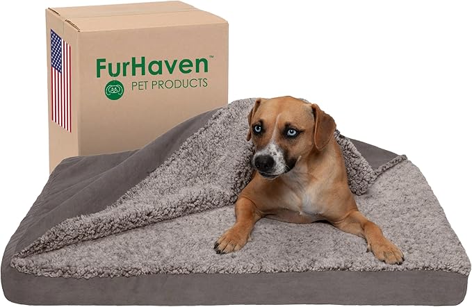 Furhaven Memory Foam Dog Bed for Large/Medium Dogs w/ Removable Washable Cover, For Dogs Up to 55 lbs - Berber & Suede Blanket Top Mattress - Gray, Large