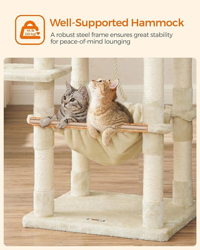 Feandrea Cat Tree, 56.3-Inch Cat Tower for Indoor Cats, Multi-Level Cat Condo with 11 Scratching Posts, 2 Perches, Cave, Hammock, Beige UPCT15BE