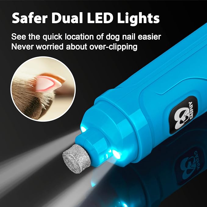 Casfuy Dog Nail Grinder with 2 LED Light - New Version 2-Speed Powerful Electric Pet Nail Trimmer Professional Quiet Painless Paws Grooming & Smoothing for Small Medium Large Dogs(Bright Blue)