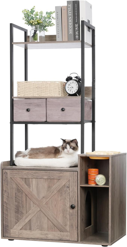 Hey-brother Litter Box Enclosure with 2 Storage Shelves and 2 Drawers, Large Hidden Cat Litter Box Furniture with Soft Cushion, Stores Most Litter Boxes and Cat Litter, Rustic Gray MPJ131SG