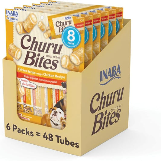 INABA Churu Bites for Dogs, Soft & Chewy Baked Chicken Wrapped Filled Dog Treats, 0.42 Ounces Each Tube, 48 Tubes Total (8 Tubes per Pack), Chicken Recipe