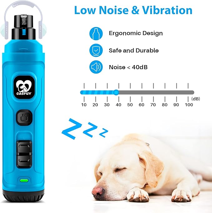 Casfuy Dog Nail Grinder with 2 LED Light - New Version 2-Speed Powerful Electric Pet Nail Trimmer Professional Quiet Painless Paws Grooming & Smoothing for Small Medium Large Dogs(Bright Blue)