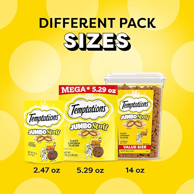 Temptations Jumbo Stuff Crunchy and Soft Cat Treats, Tasty Chicken Flavor, 14 oz. Tub, (Pack of 2)