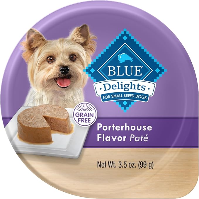 Blue Buffalo Delights Natural Adult Small Breed Wet Dog Food Cups, Pate Style, Porterhouse Flavor in Savory Juice 3.5-oz (Pack of 12)