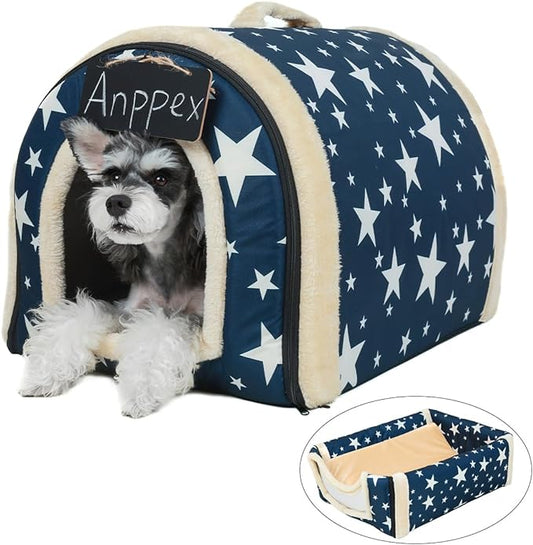 ANPPEX Dog House Indoor,2 in 1 Washable Covered Dog Bed,Insulated Cozy Dog Igloo Cave,L Size for Small and Medium Dogs,Blue