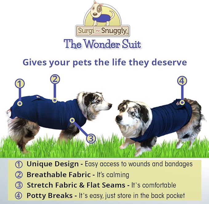 SurgiSnuggly Dog Recovery Suit Post-Surgery for Dogs, Female Spay, Male Dog Neuter, The Original E Collar Dog Cone Alternative Pet Surgical Recovery Suit Works with Bandages for Wounds Blue 2XL EC