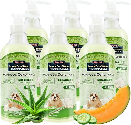 Alpha Dog Series All Stages Natural Dog Shampoo and Conditioner Set with Aloe Vera pH Balanced Dog Grooming Shampoo and Conditioner for Dogs, Tear-Free Moisturizing Dog Shampoo, 26.4 Oz (Pack of 6)