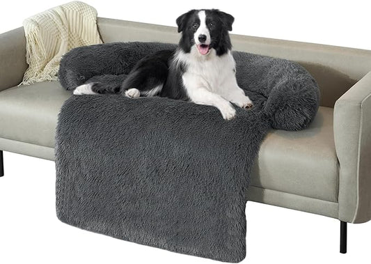 Large Calming Dog Bed Dog Sofa Couch Beds for Large Dogs and Cats Fluffy Plush Dog Mats for Furniture Protector with Washable Cover (41x37x6, Gray)