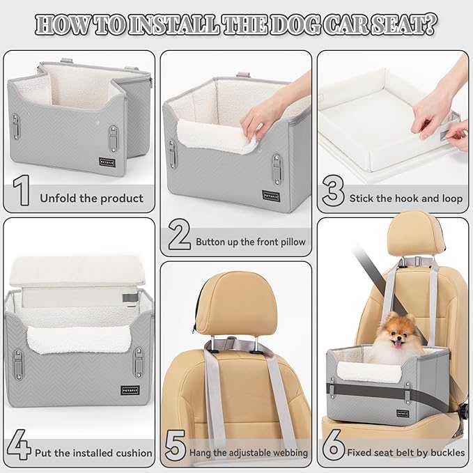 PETSFIT Dog Booster Seat, Portable Dog Car Seats for Small Dogs with Clip-On Leash, Patent Safe Buckles, Dog Booster Car Seat Suitable for Small Pets Up to 25lbs (Light Grey)