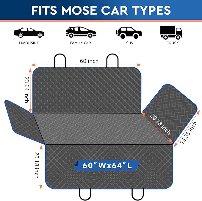 Dog Car Seat Cover Dog Seat Cover for Back Seat Scratch Prevention Dog Hammock Protects Against Dirt Dog Seat Covers for Cars Fits for Small SUVs and Trucks 60"x 64", Blue