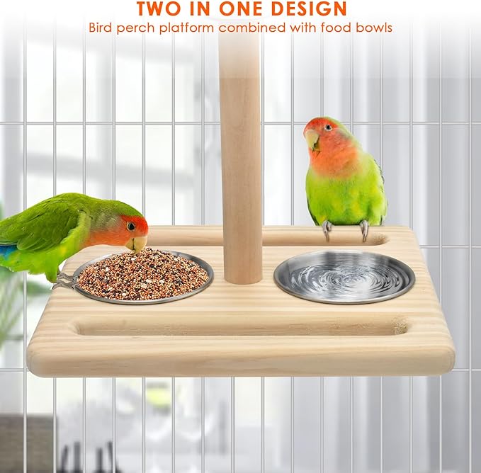 KATUMO Bird Perch Parrot Platform Bird Stand Parrot Playground with 2 Removable Feeding Bowl Cups for Parakeet Lovebird Cockatiel Conure Budgie Small Birds