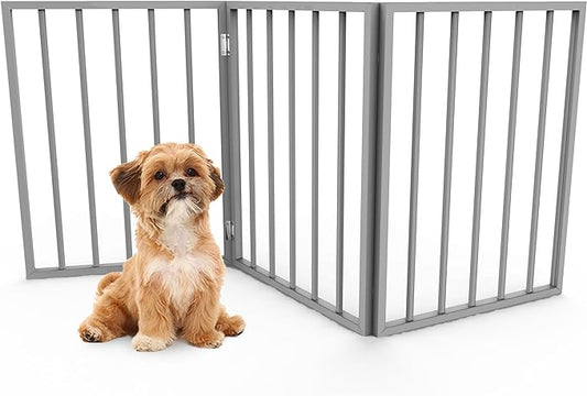 Pet Gate - 3-Panel Indoor Foldable Dog Fence for Stairs, Hallways, or Doorways - 54x24-Inch Retractable Wood Freestanding Dog Gates by PETMAKER (Gray)