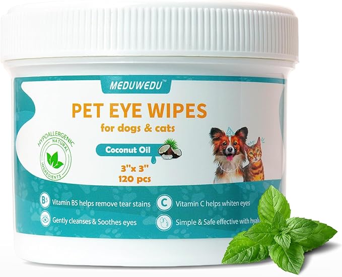 Eyes Wipes for Dogs & Cats 120 Counts, Grooming Kit Care for Dogs and Cats, Gently Remove Tear Stain, Eye Debris, Discharge, Mucus Secretions, Mint Scent