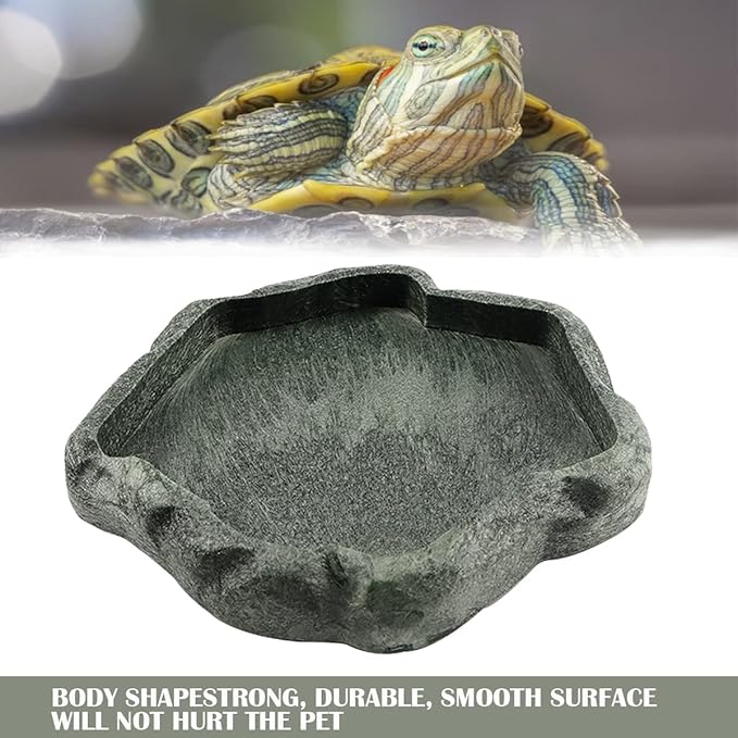 Reptile Water Dish Bowl Resin Rock Reptile Food and Water Feeder Pet Aquarium Ornament Terrarium Plate for Tortoise Lizard (Dark Green Small)