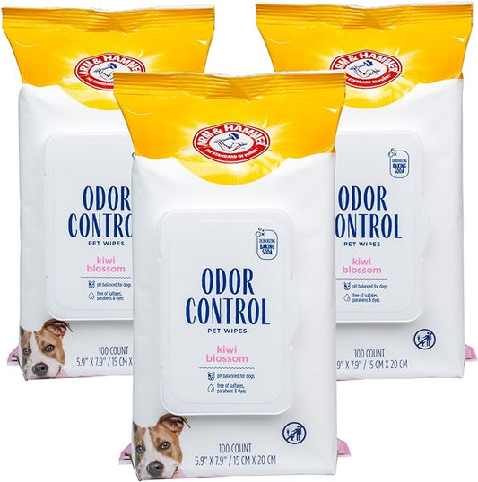 Arm & Hammer for Pets Odor Control Wipes for Dogs, Best Odor Eliminating Waterless Cleaning for Dogs & Puppies | Kiwi Blossom Scent, 100 Count - 3 Pack